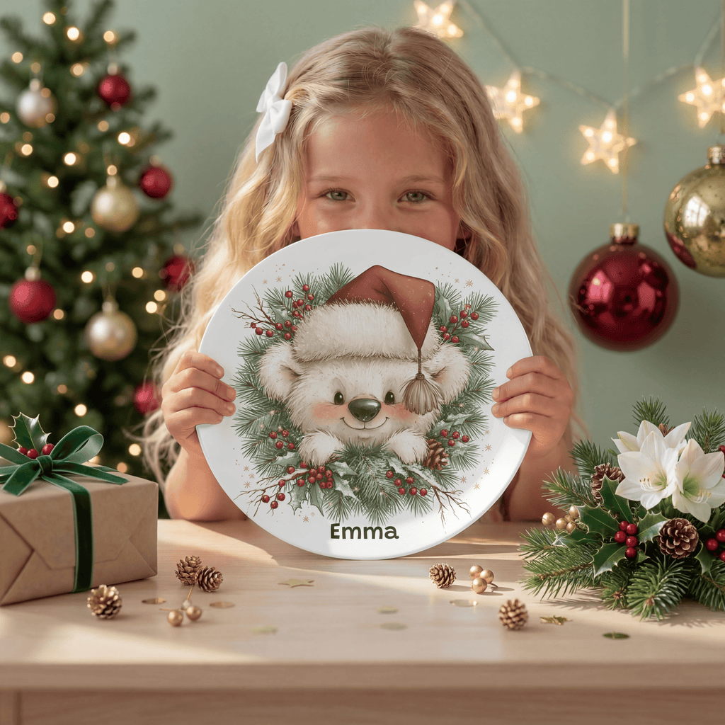 Personalized Christmas Wreath Bear Plate by Lil Plate Shop