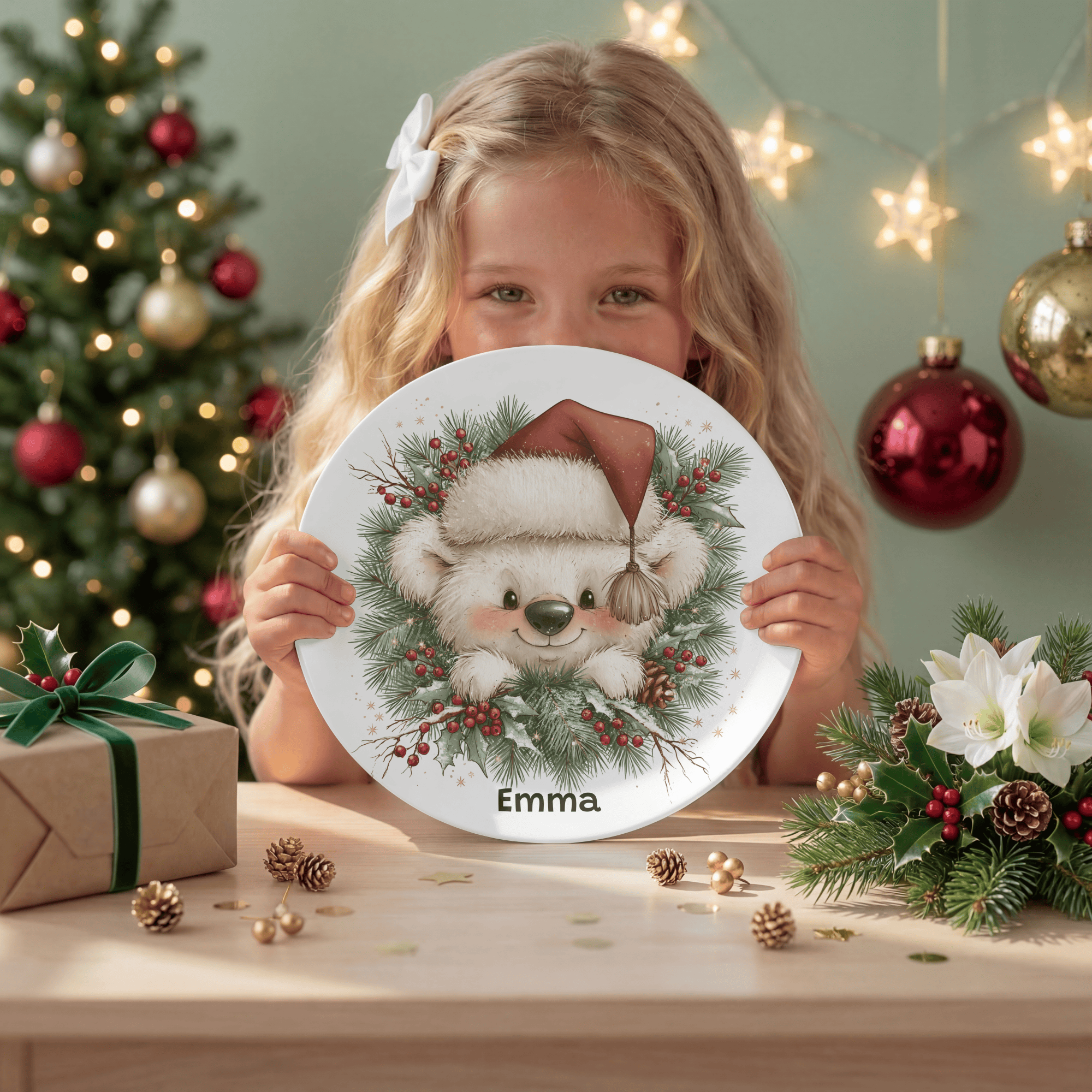 Personalized Christmas Wreath Bear Plate by Lil Plate Shop