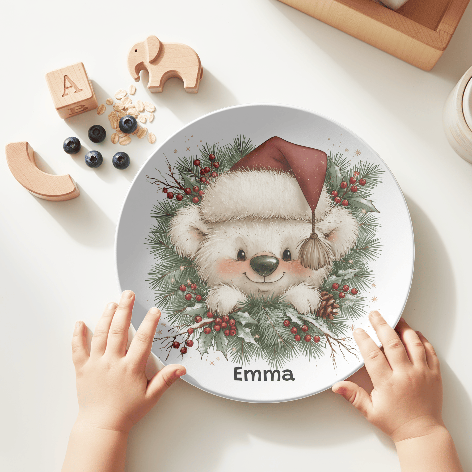 Personalized Christmas Wreath Bear Plate by Lil Plate Shop