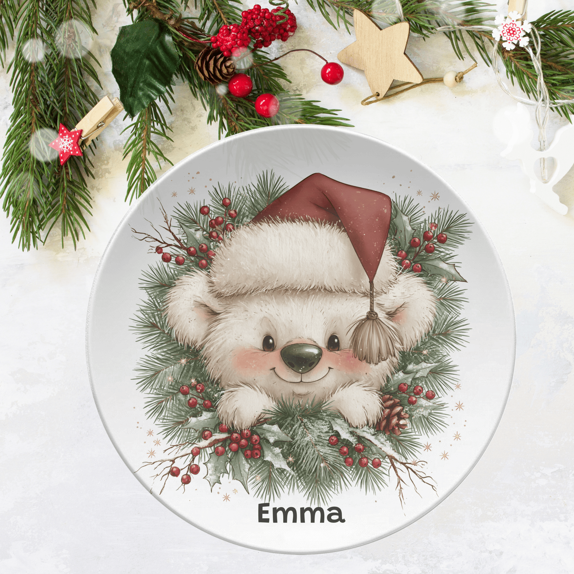 Personalized Christmas Wreath Bear Plate by Lil Plate Shop