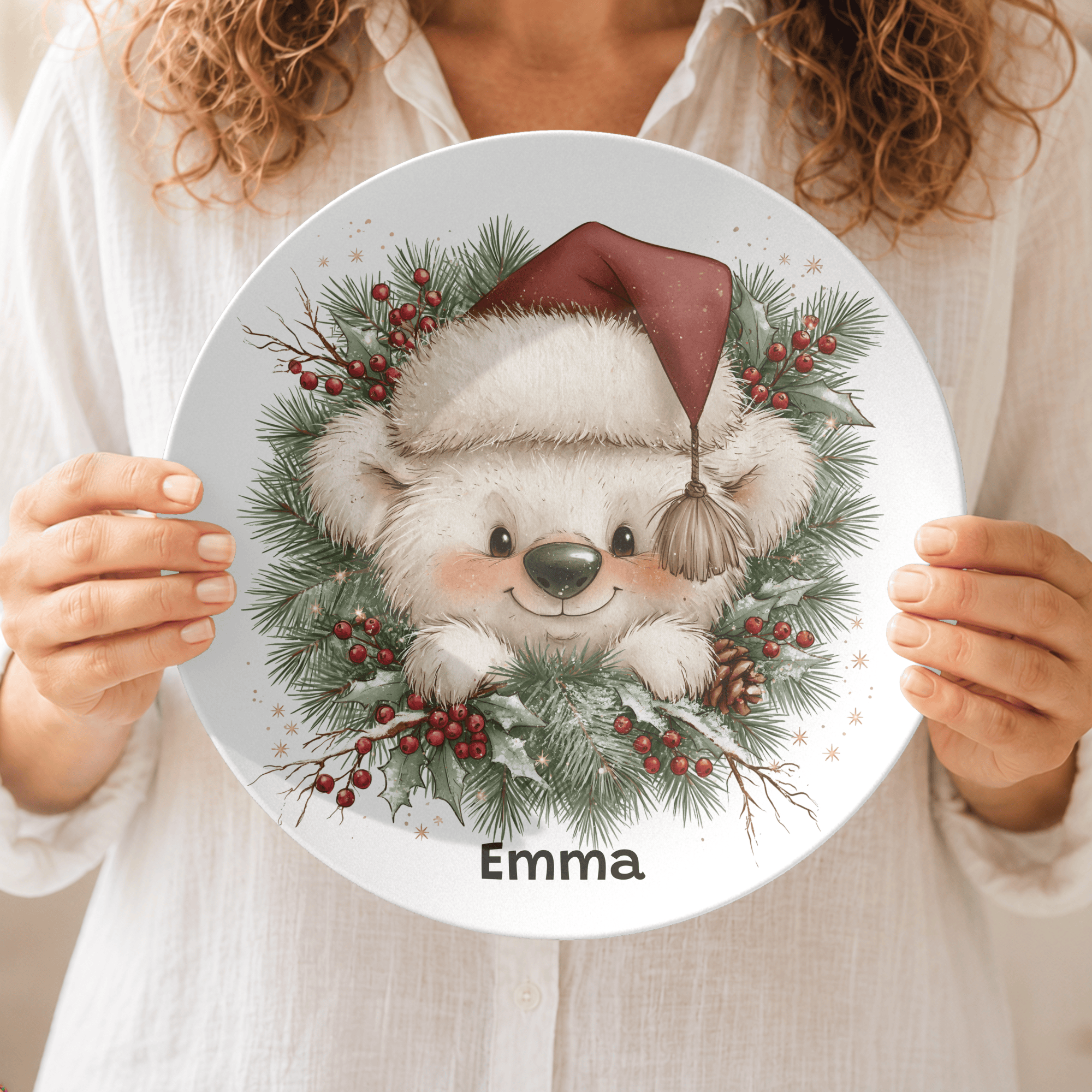 Personalized Christmas Wreath Bear Plate by Lil Plate Shop