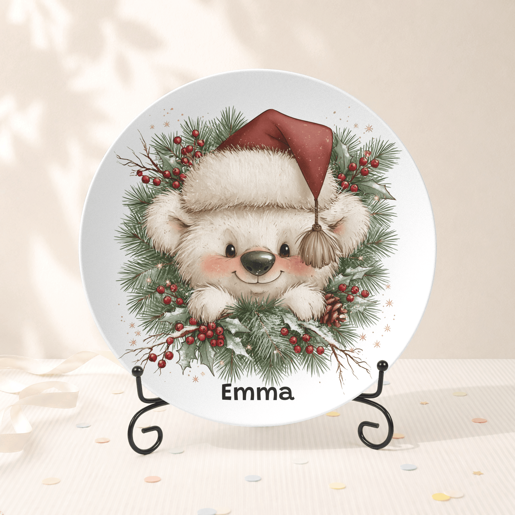Personalized Christmas Wreath Bear Plate Plate With Stand by Lil Plate Shop