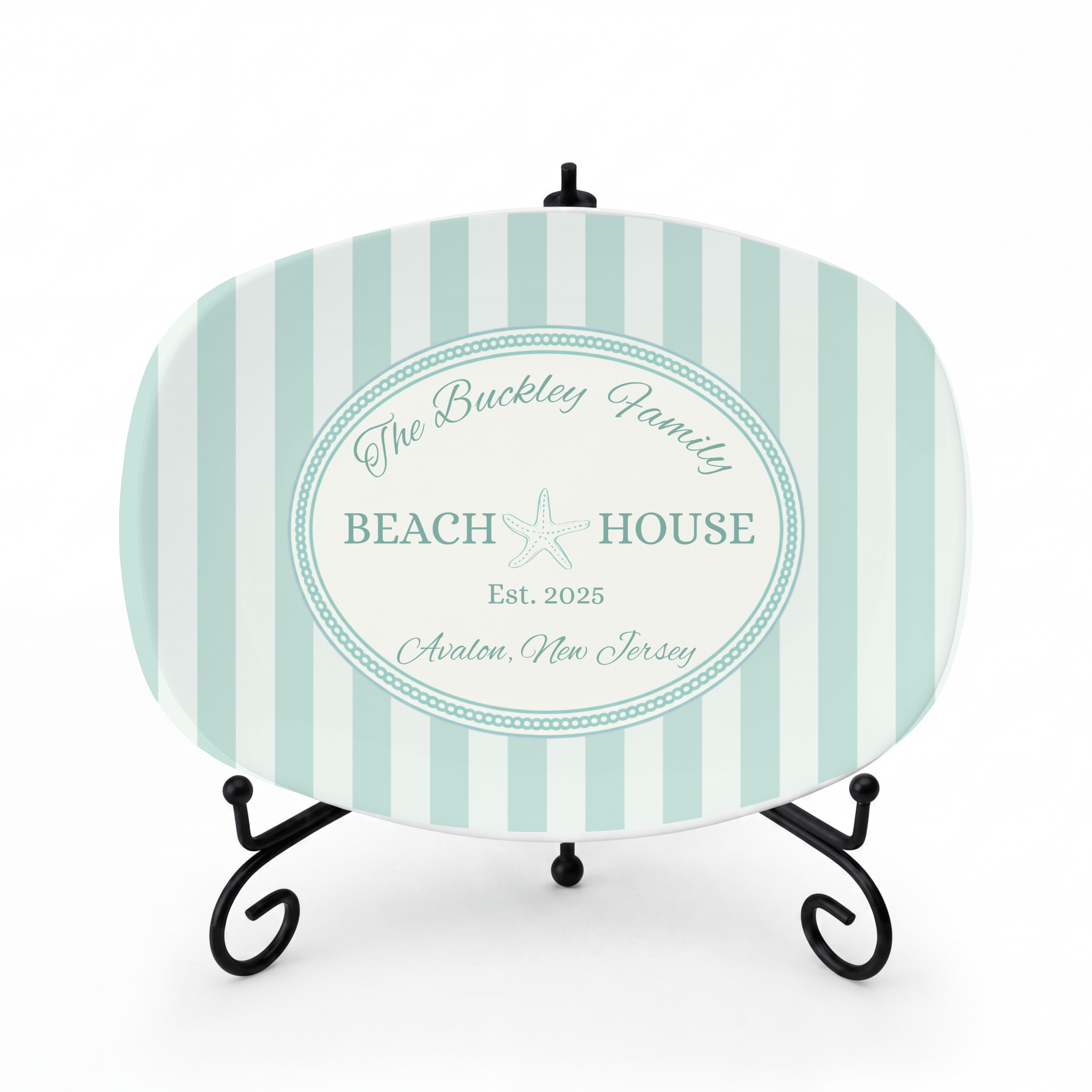 Personalized Coastal Seafoam Beach Platter Platter + Stand + Gift Box by Lil Plate Shop