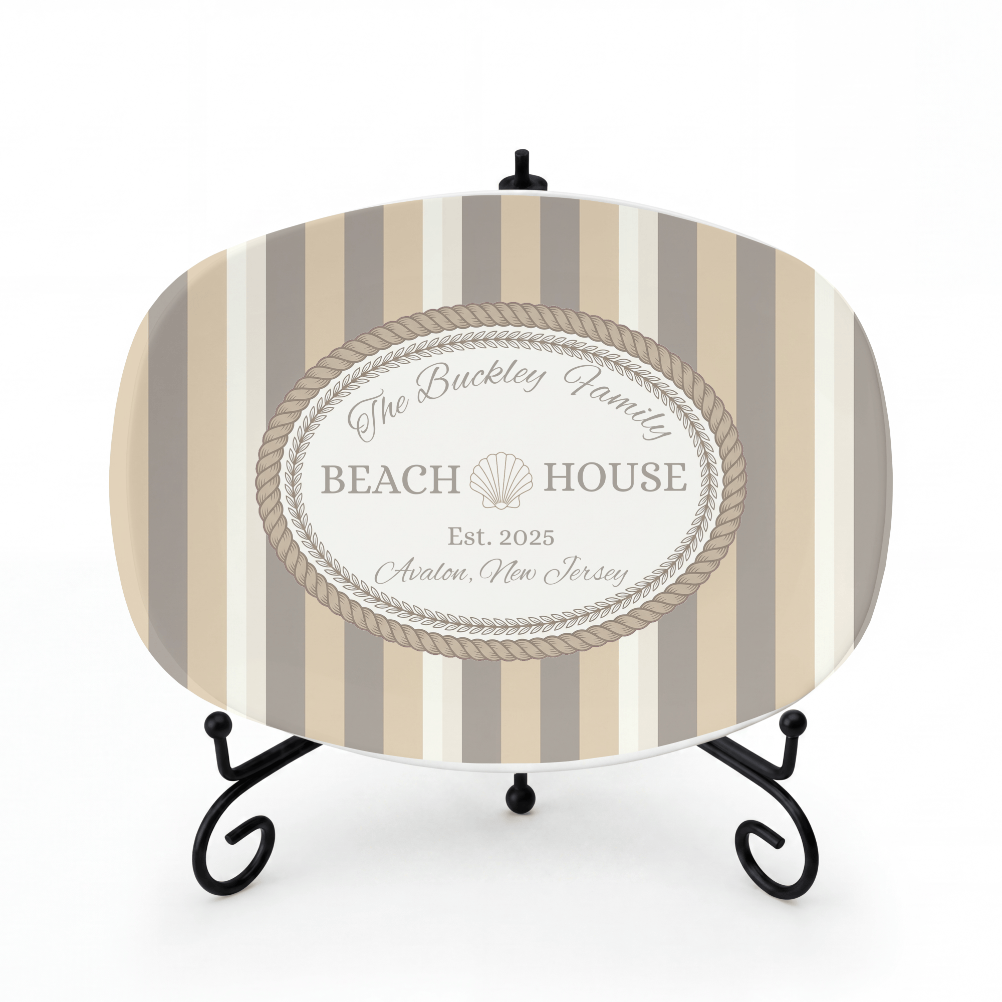 Personalized Coastal Taupe Beach Platter Platter + Stand + Gift Box by Lil Plate Shop