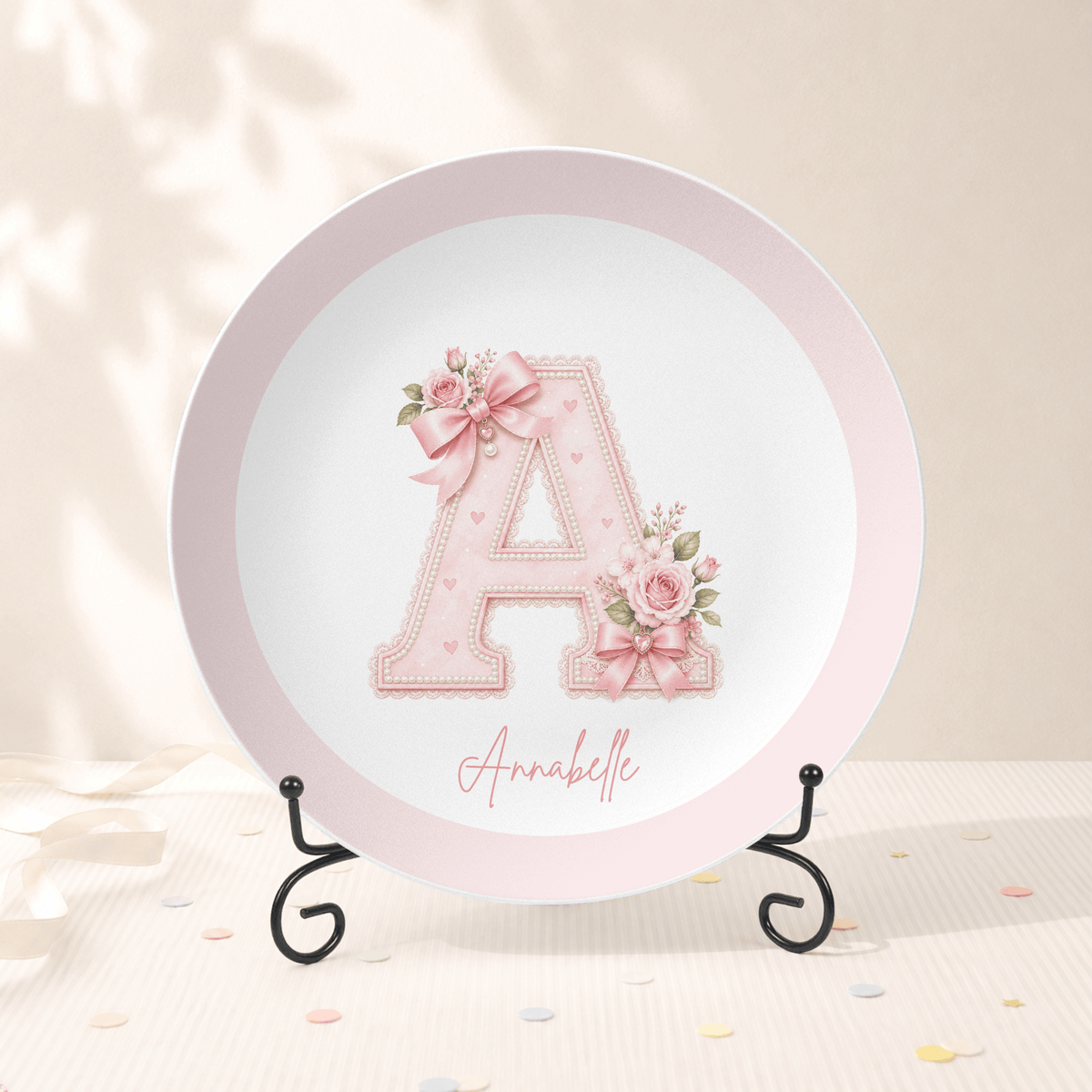 Personalized Coquette Alphabet Name Plate Plate With Stand by Lil Plate Shop