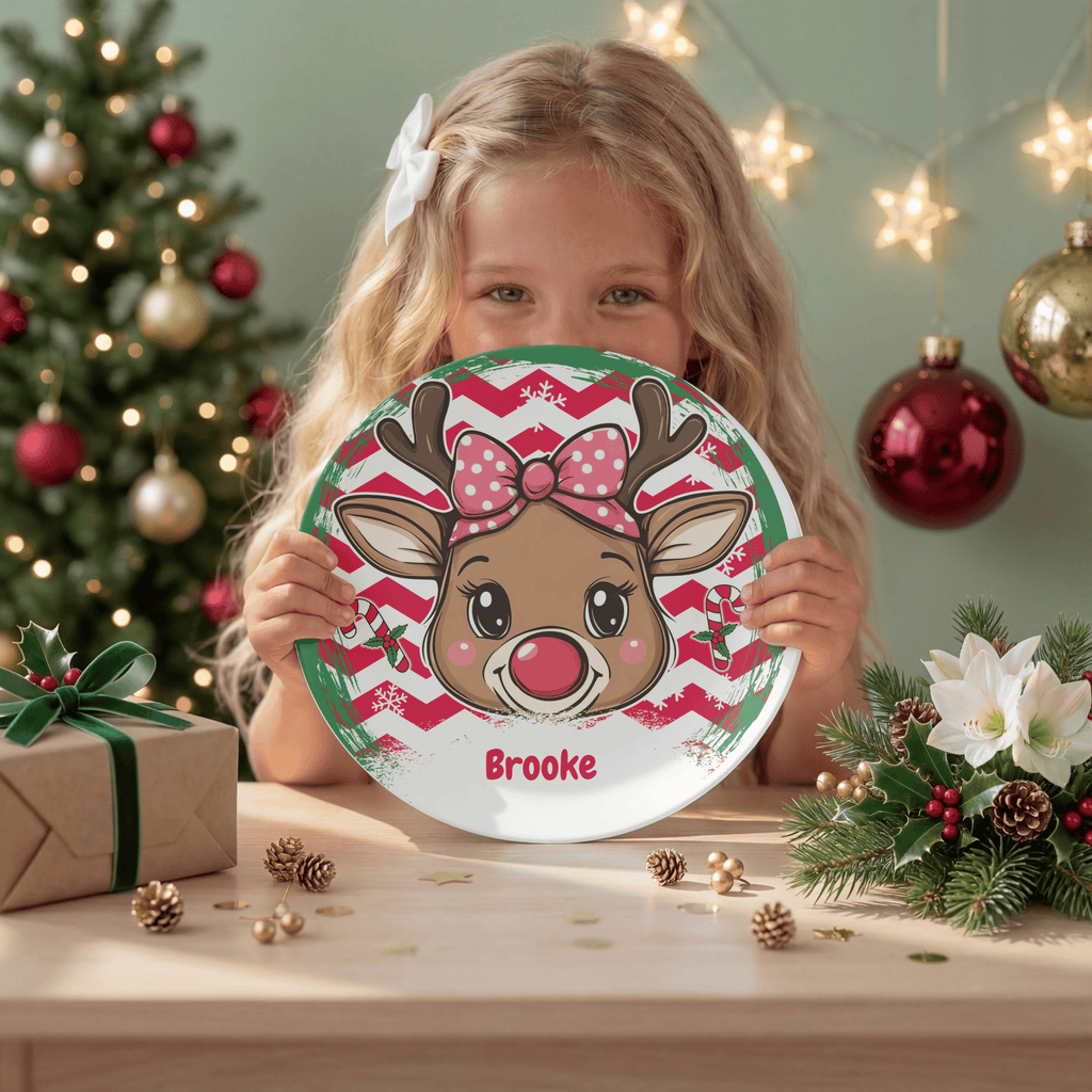 Personalized Girl Bow Reindeer Plate by Lil Plate Shop