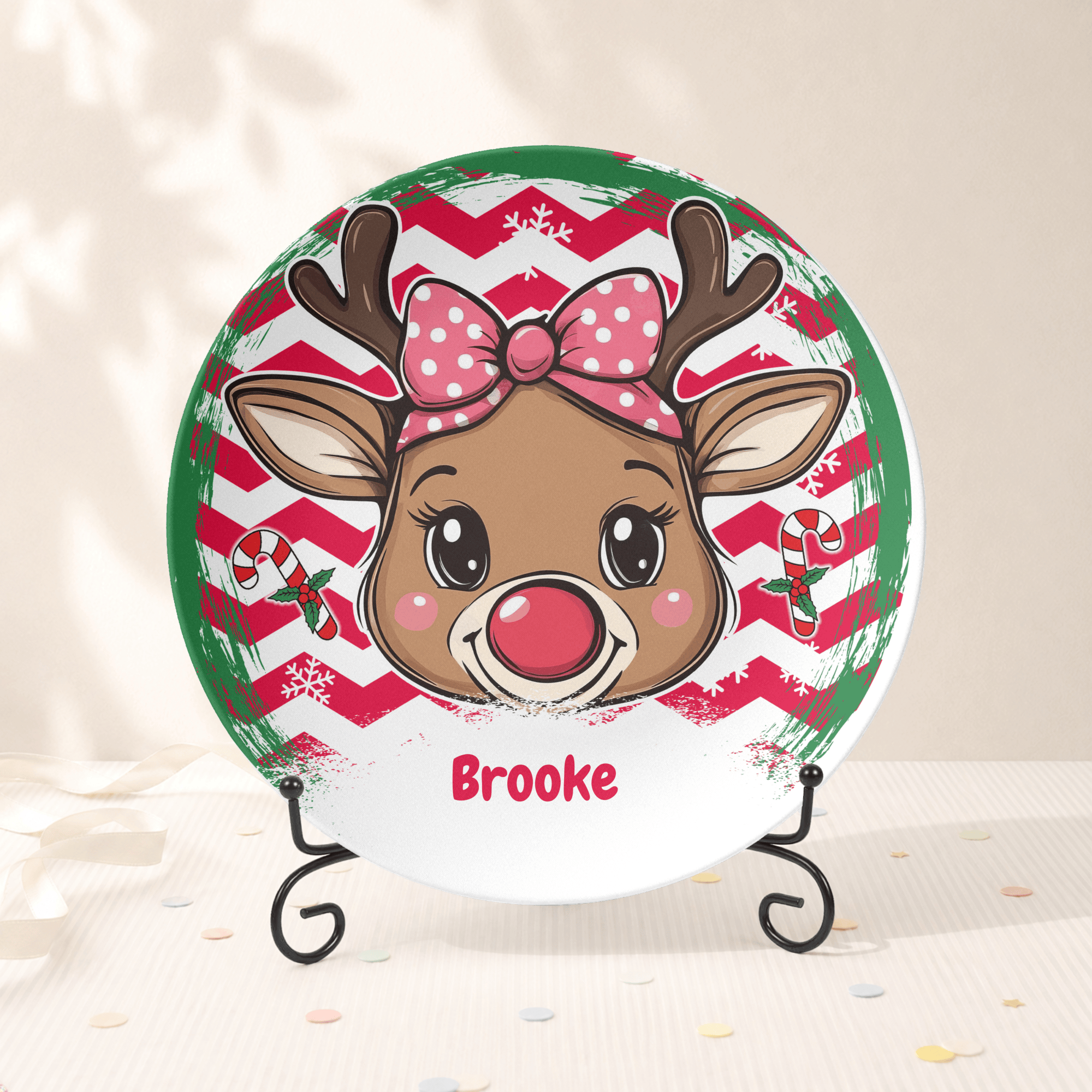 Personalized Girl Bow Reindeer Plate Plate With Stand by Lil Plate Shop