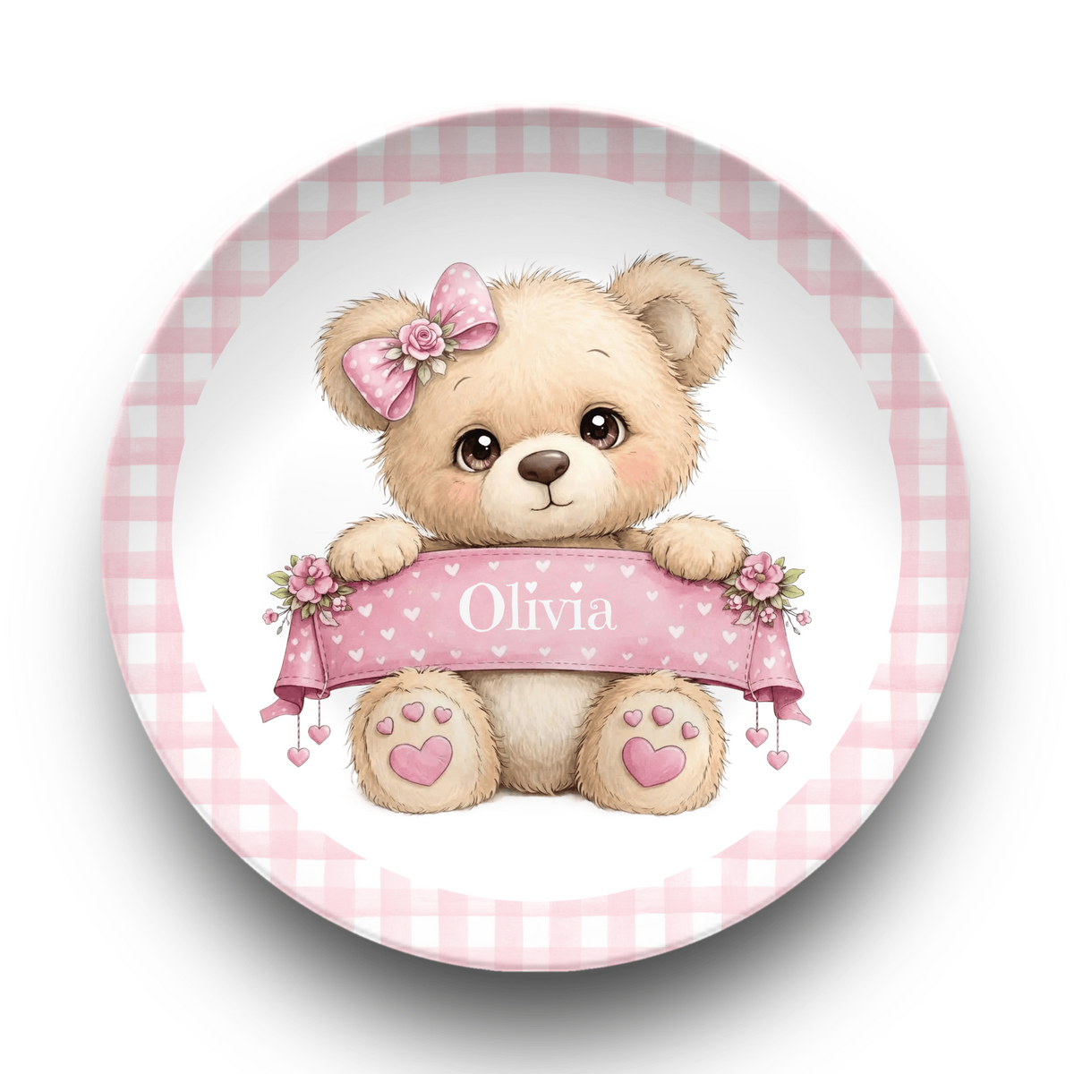 Personalized Girl Teddy Bear Plate Plate / Gingham Border by Lil Plate Shop