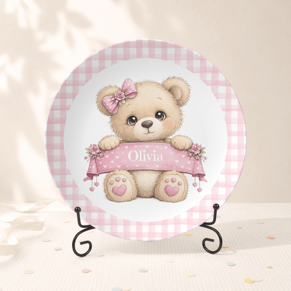 Personalized Girl Teddy Bear Plate Plate With Stand / Gingham Border by Lil Plate Shop