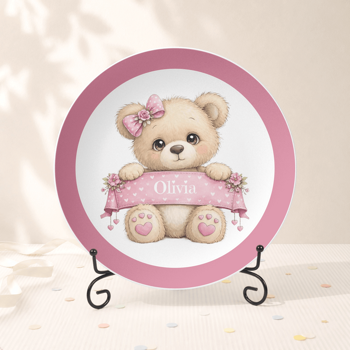 Personalized Girl Teddy Bear Plate Plate With Stand / Solid Border by Lil Plate Shop