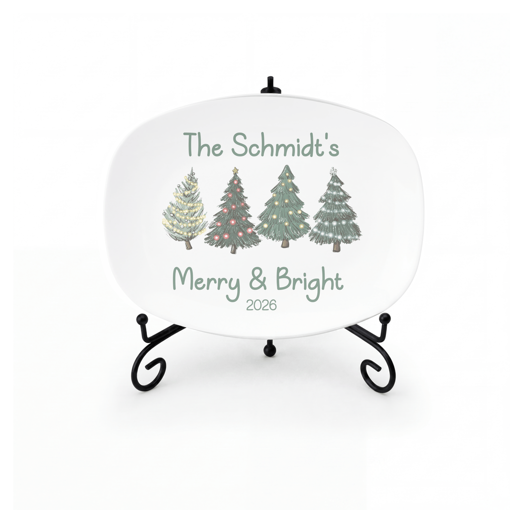 Personalized Merry and Bright Christmas Platter Platter + Stand + Gift Box by Lil Plate Shop