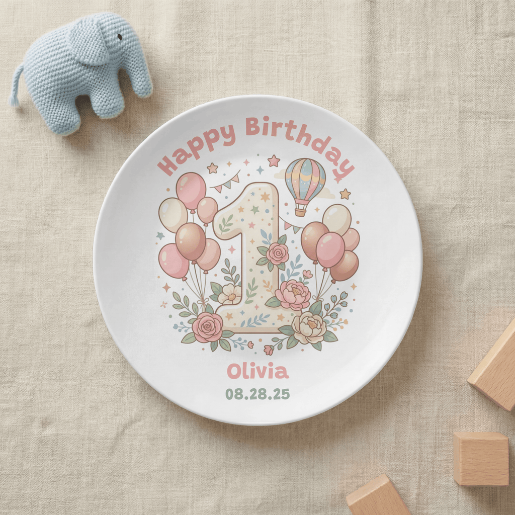 Personalized Pink 1st Birthday Balloon Plate by Lil Plate Shop