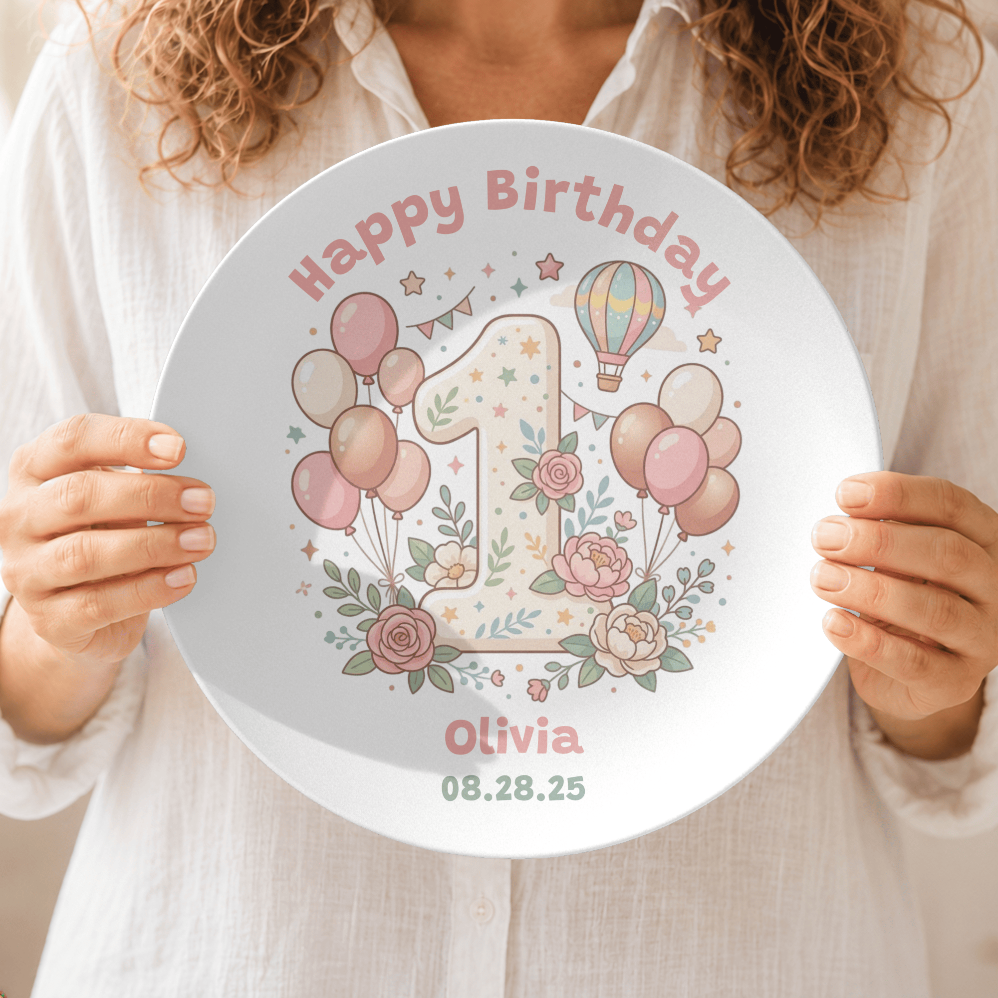 Personalized Pink 1st Birthday Balloon Plate by Lil Plate Shop