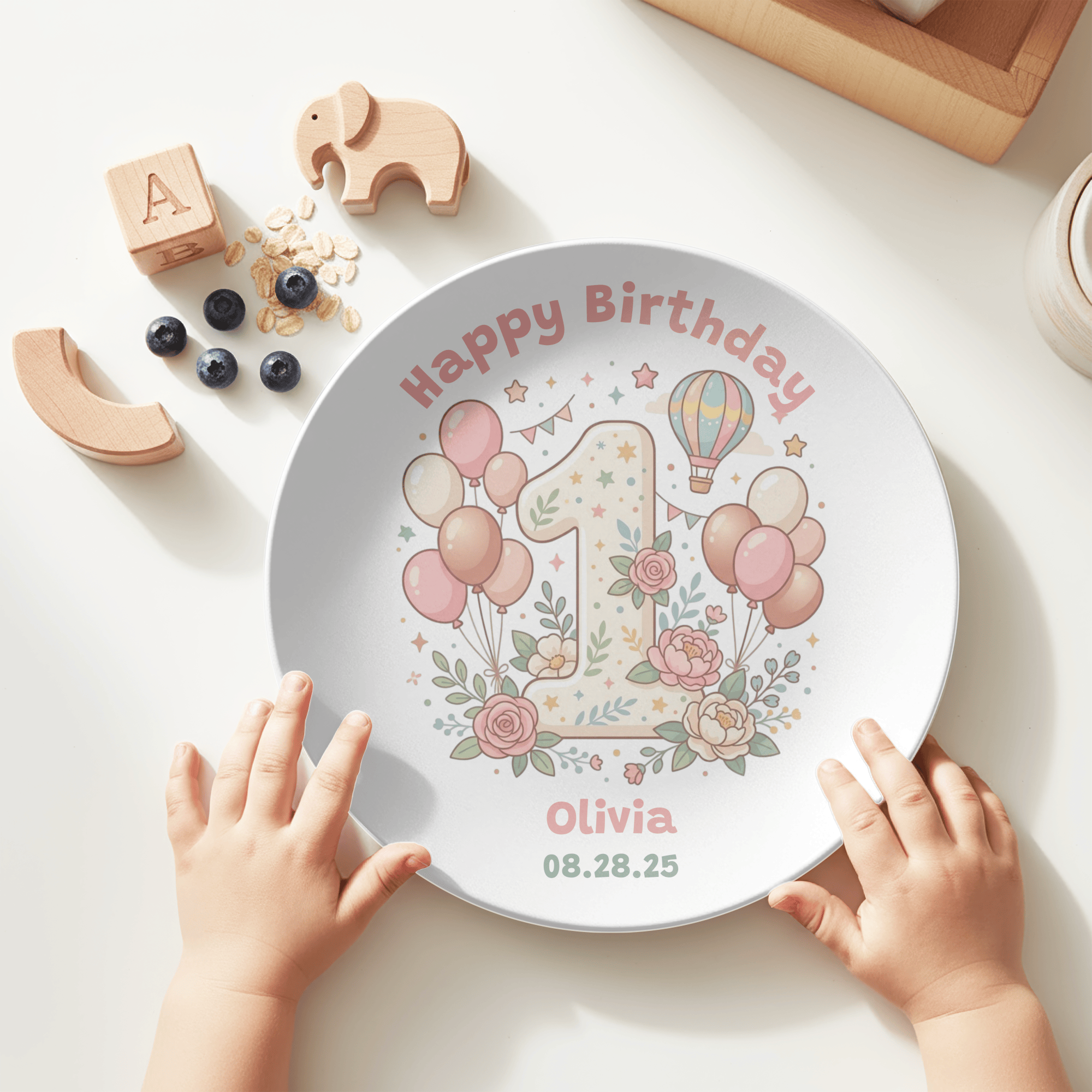 Personalized Pink 1st Birthday Balloon Plate by Lil Plate Shop