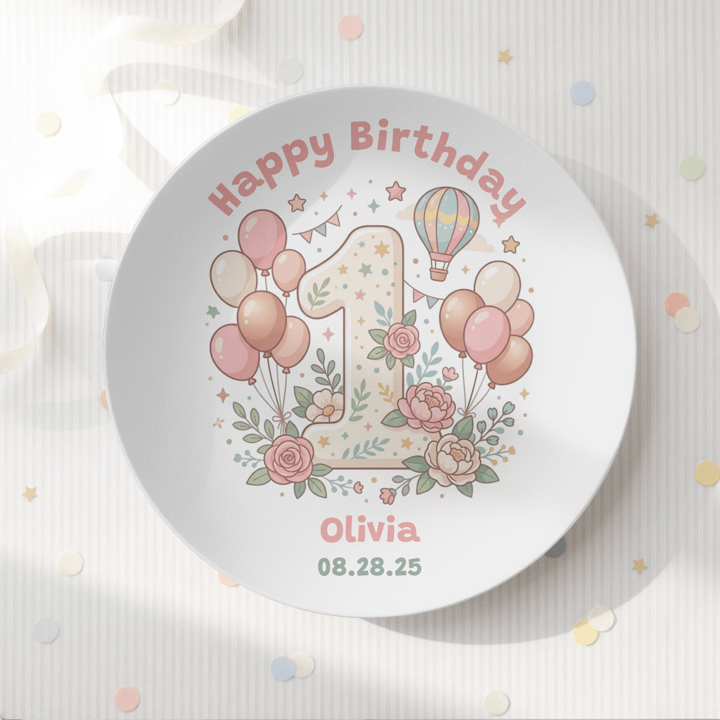 Personalized Pink 1st Birthday Balloon Plate by Lil Plate Shop
