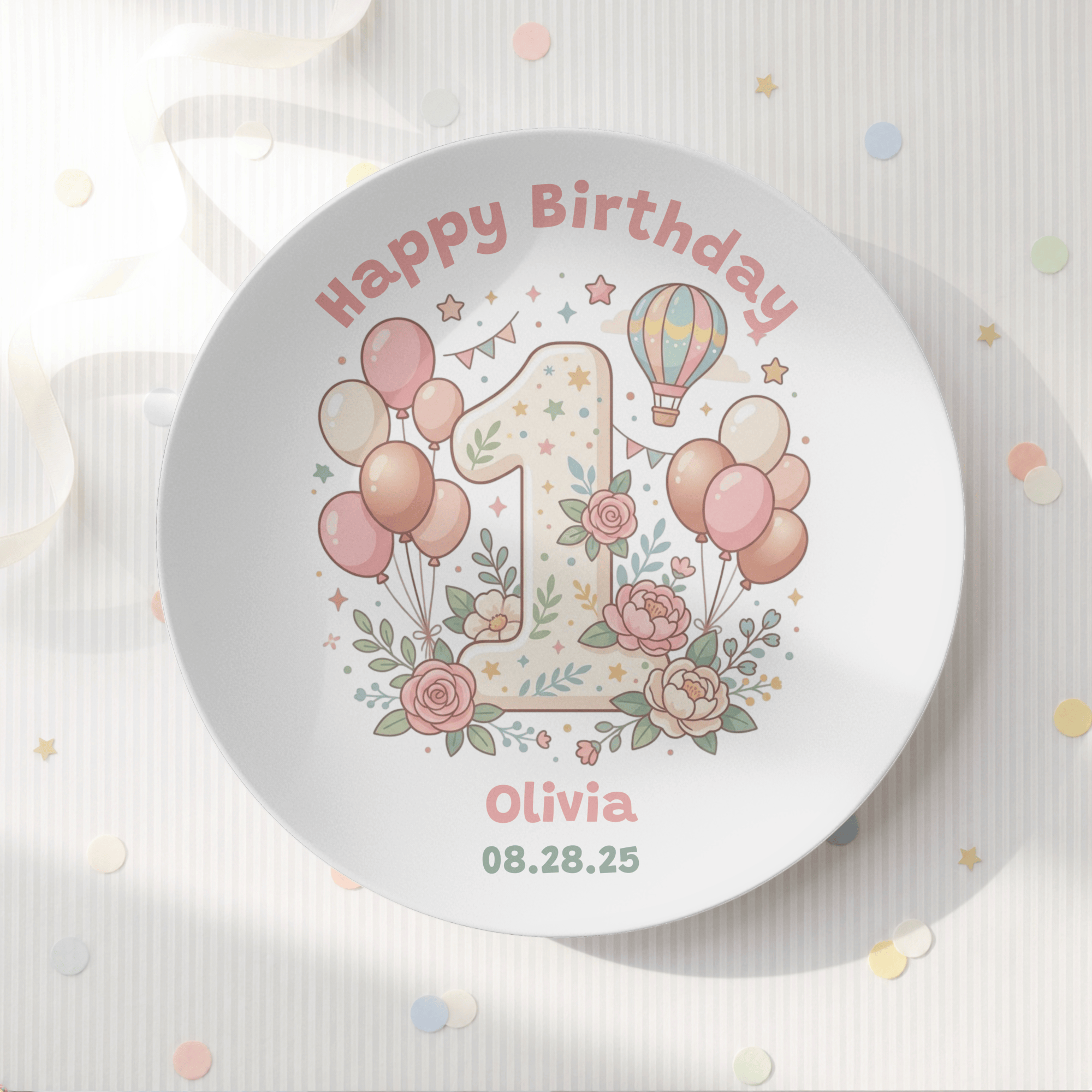 Personalized Pink 1st Birthday Balloon Plate by Lil Plate Shop