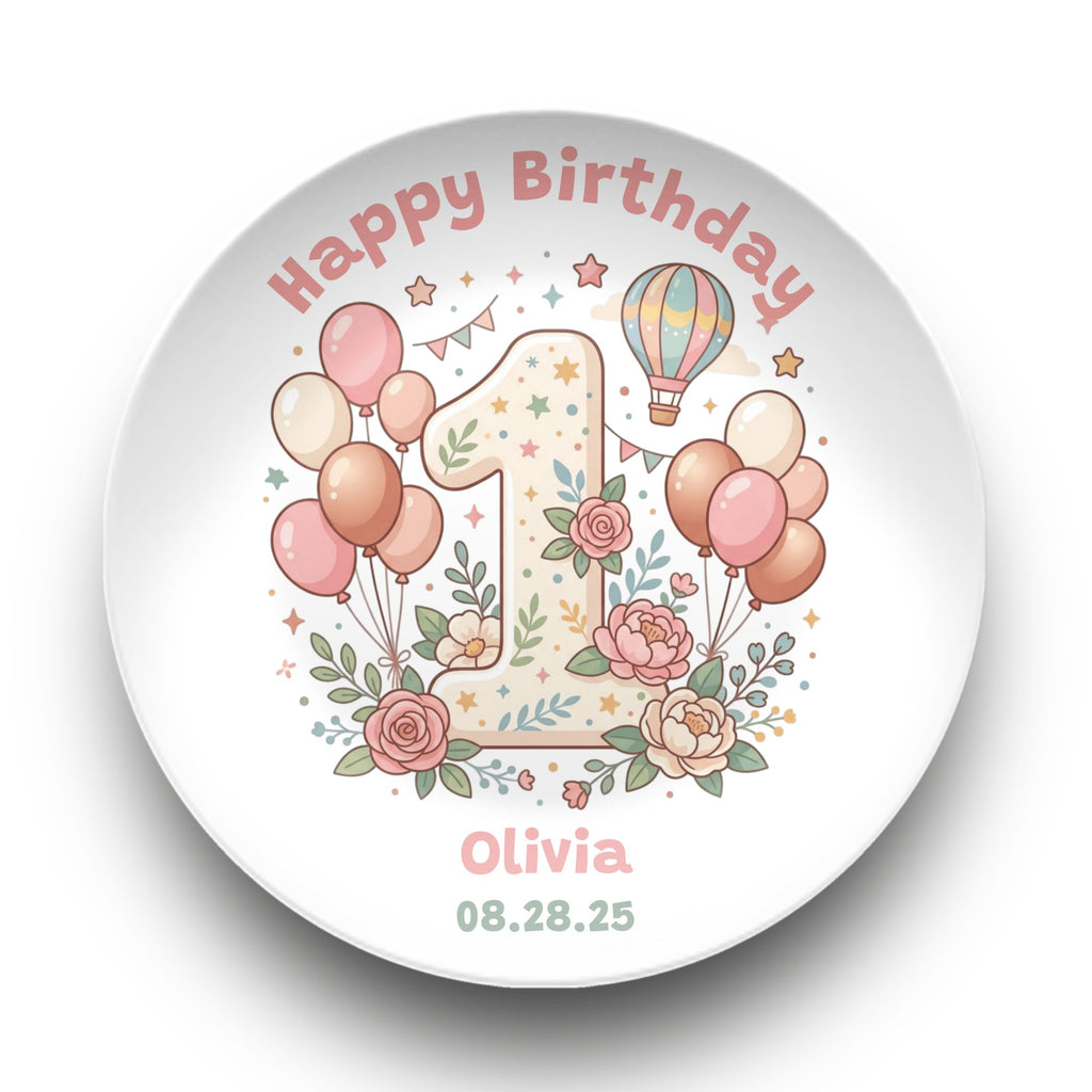 Personalized Pink 1st Birthday Balloon Plate Plate by Lil Plate Shop