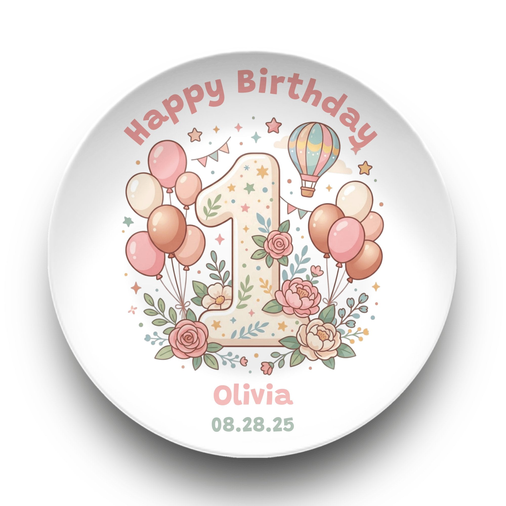 Personalized Pink 1st Birthday Balloon Plate Plate by Lil Plate Shop
