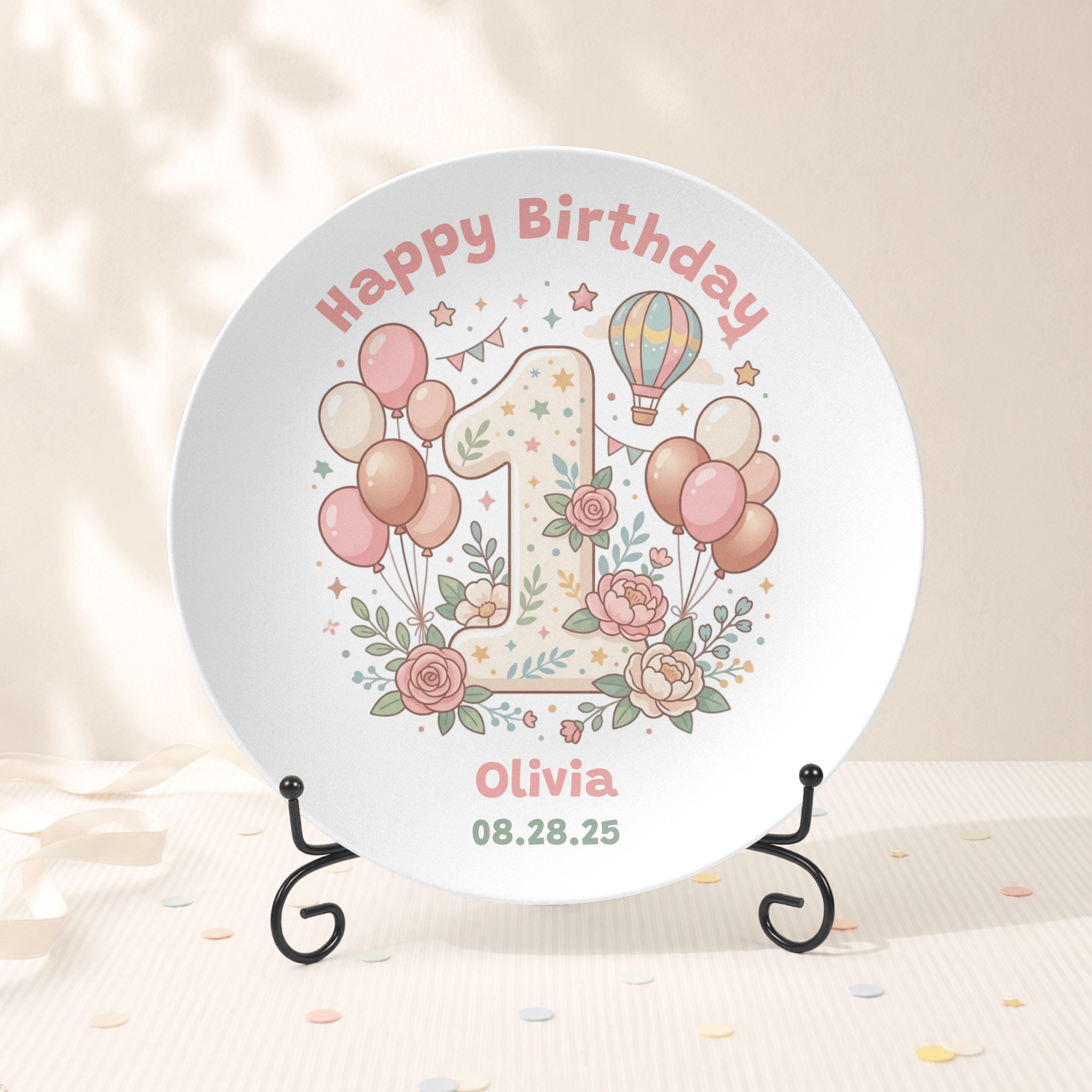 Personalized Pink 1st Birthday Balloon Plate Plate With Stand by Lil Plate Shop