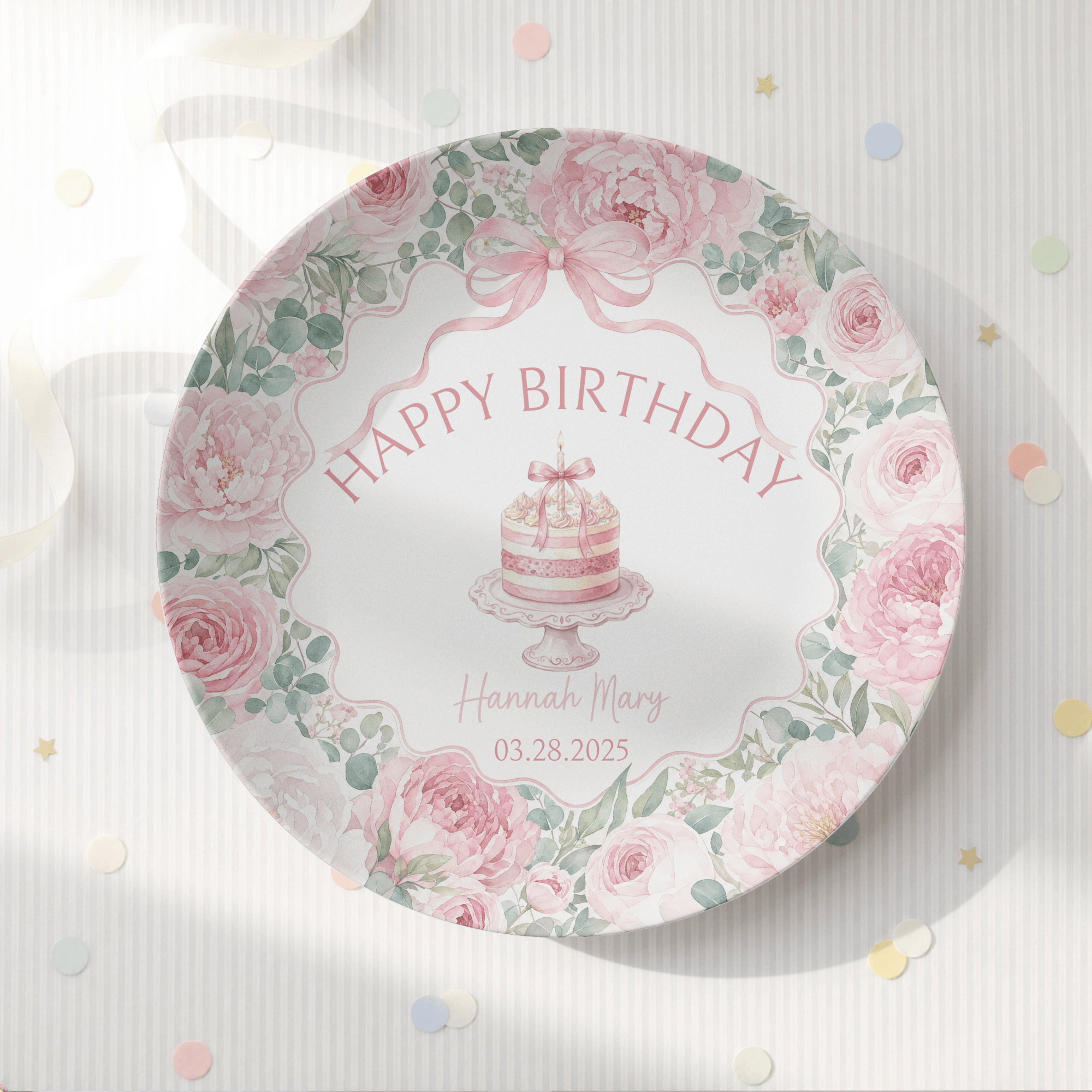 Personalized Pink Peonies Birthday Plate by Lil Plate Shop