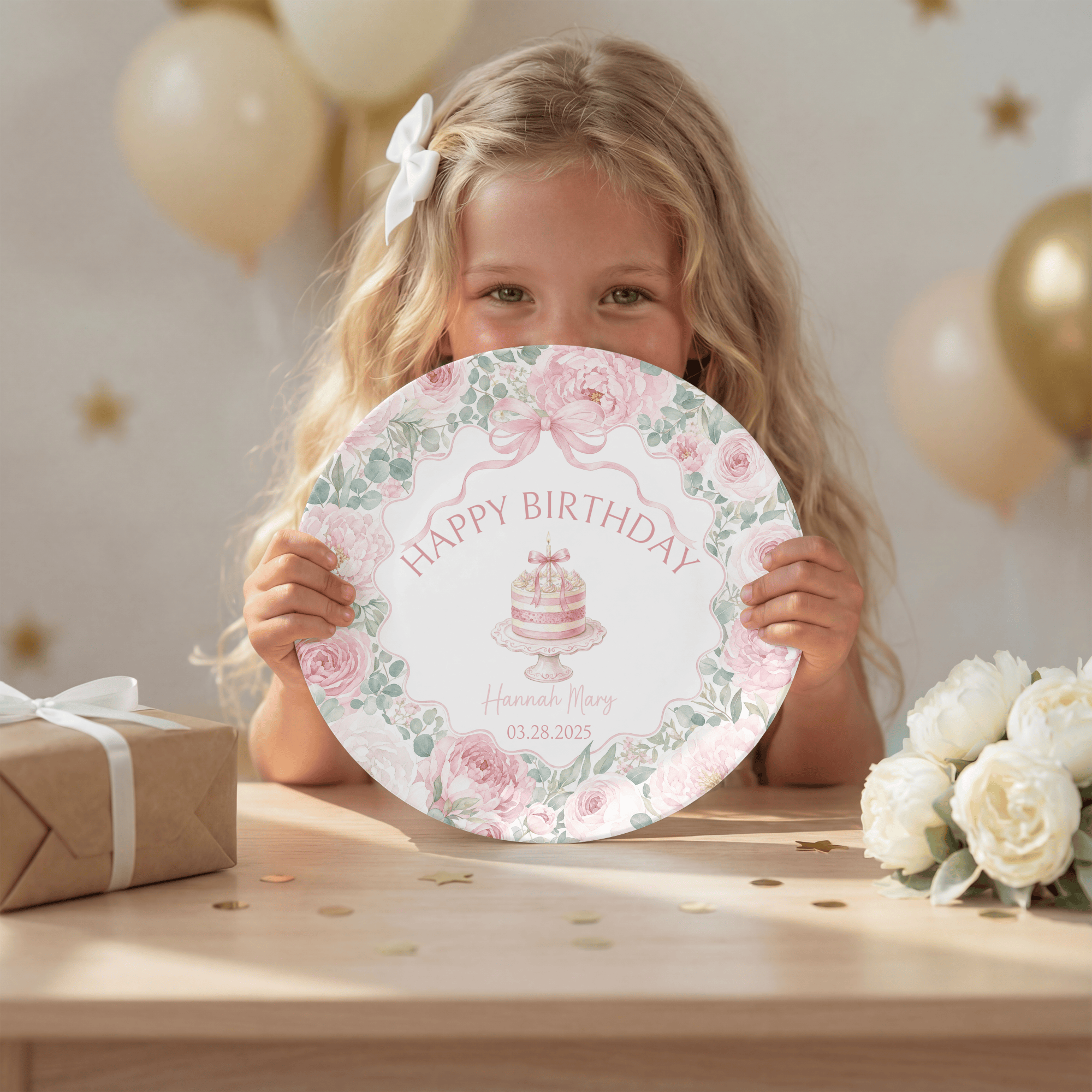 Personalized Pink Peonies Birthday Plate by Lil Plate Shop