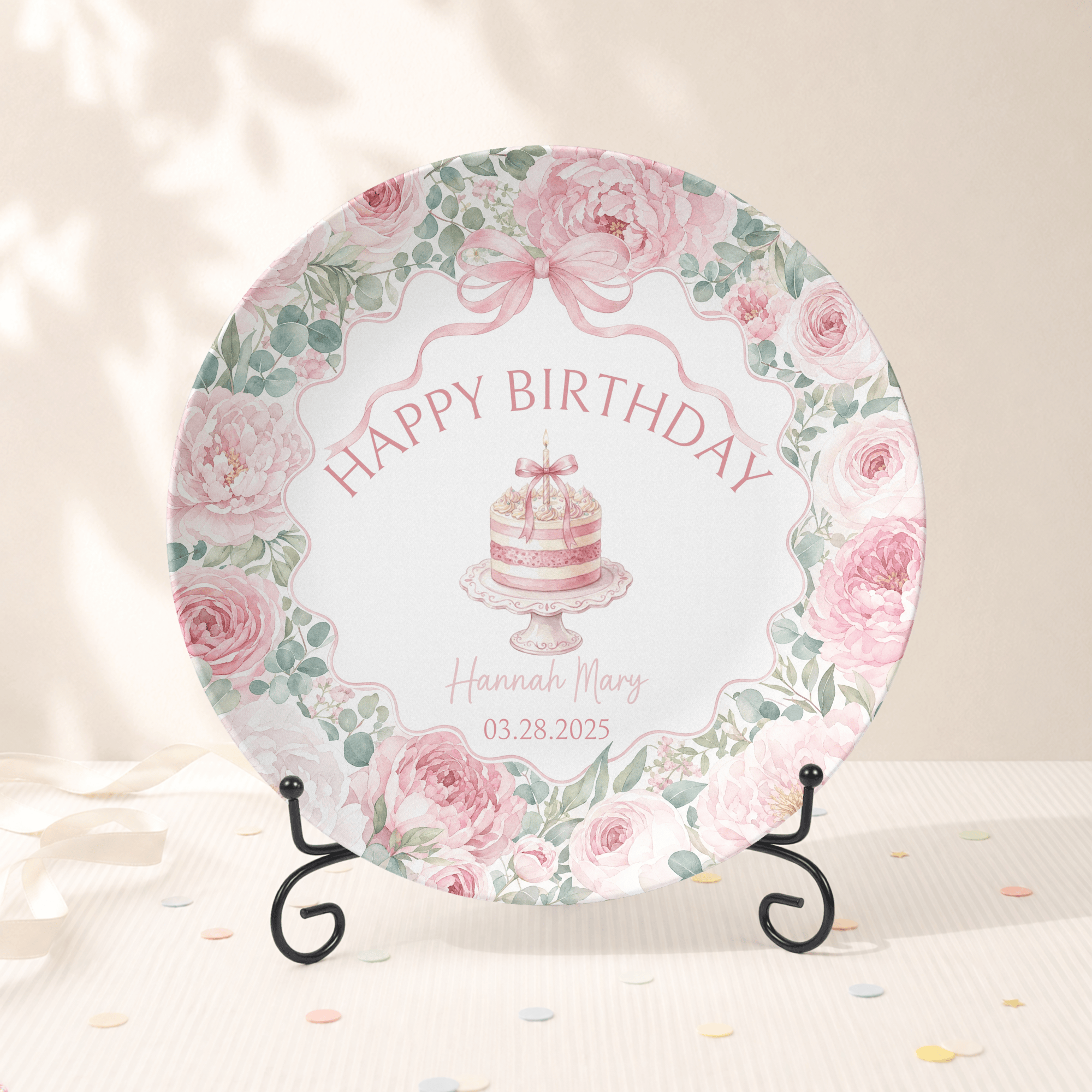 Personalized Pink Peonies Birthday Plate Plate With Stand by Lil Plate Shop