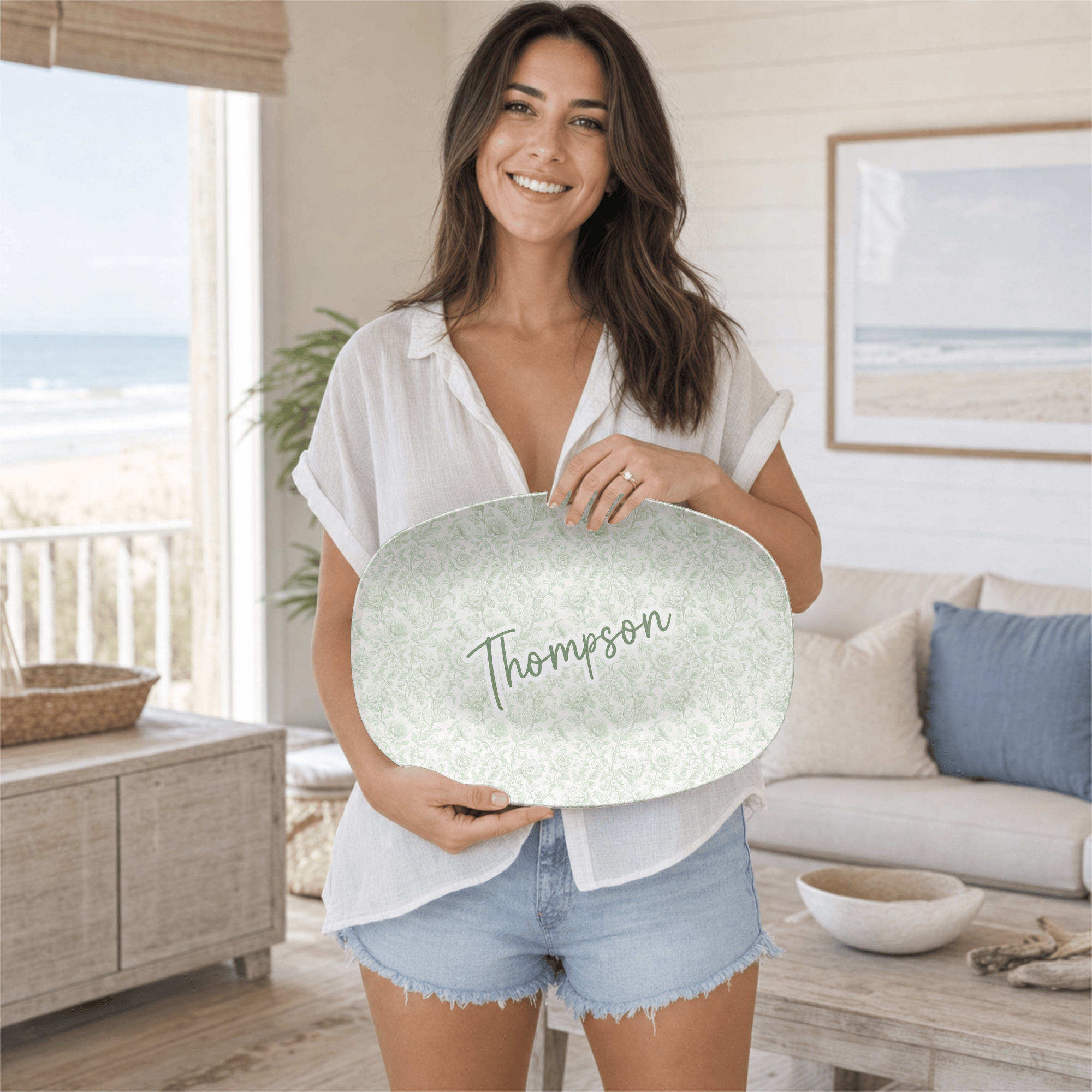 Personalized Sage Green Chinoiserie Platter by Lil Plate Shop