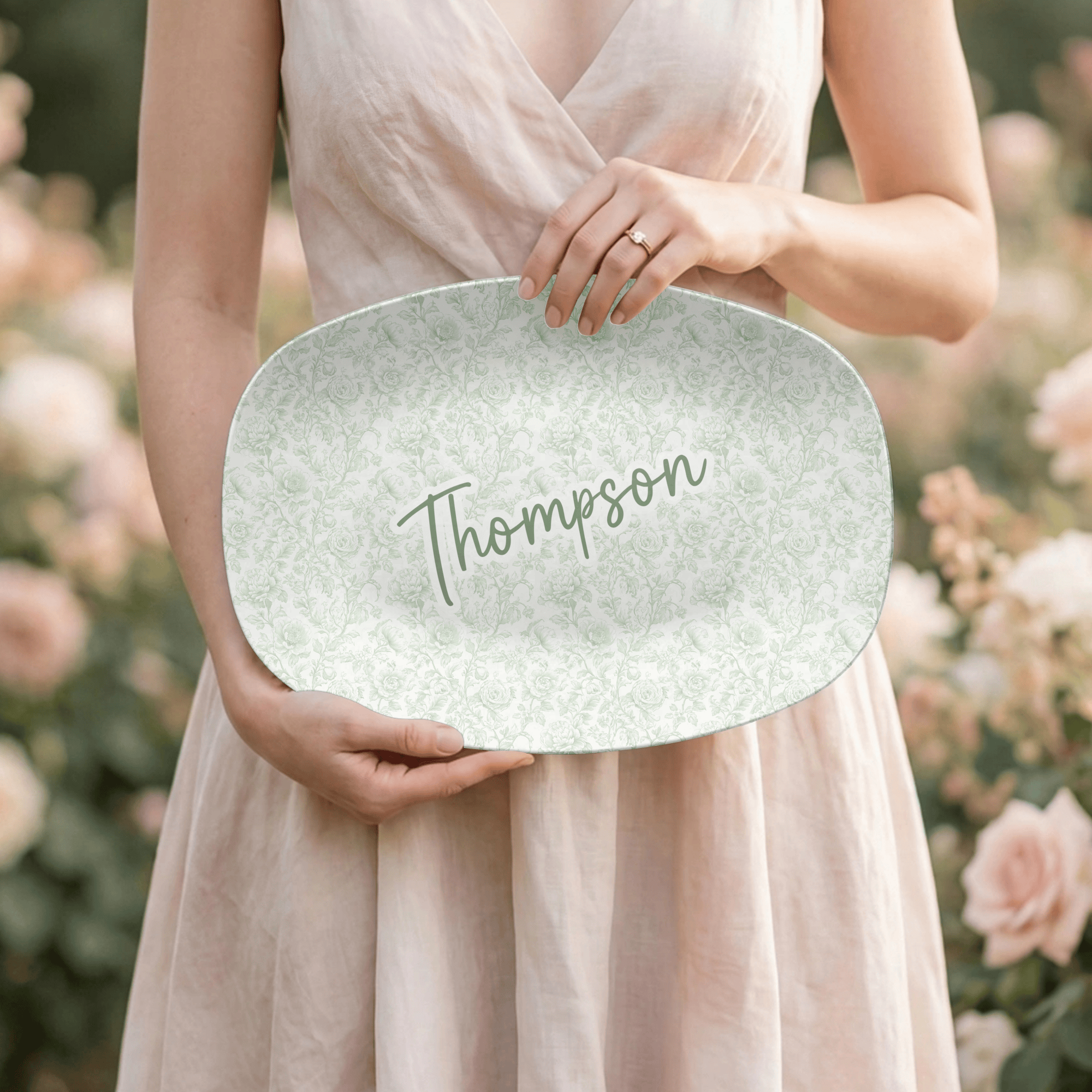 Personalized Sage Green Chinoiserie Platter by Lil Plate Shop