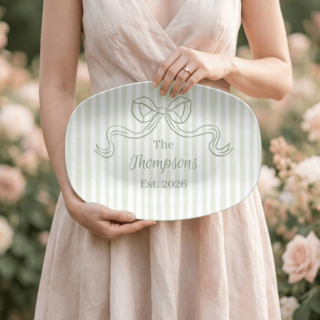 Personalized Sage Green Striped Platter by Lil Plate Shop