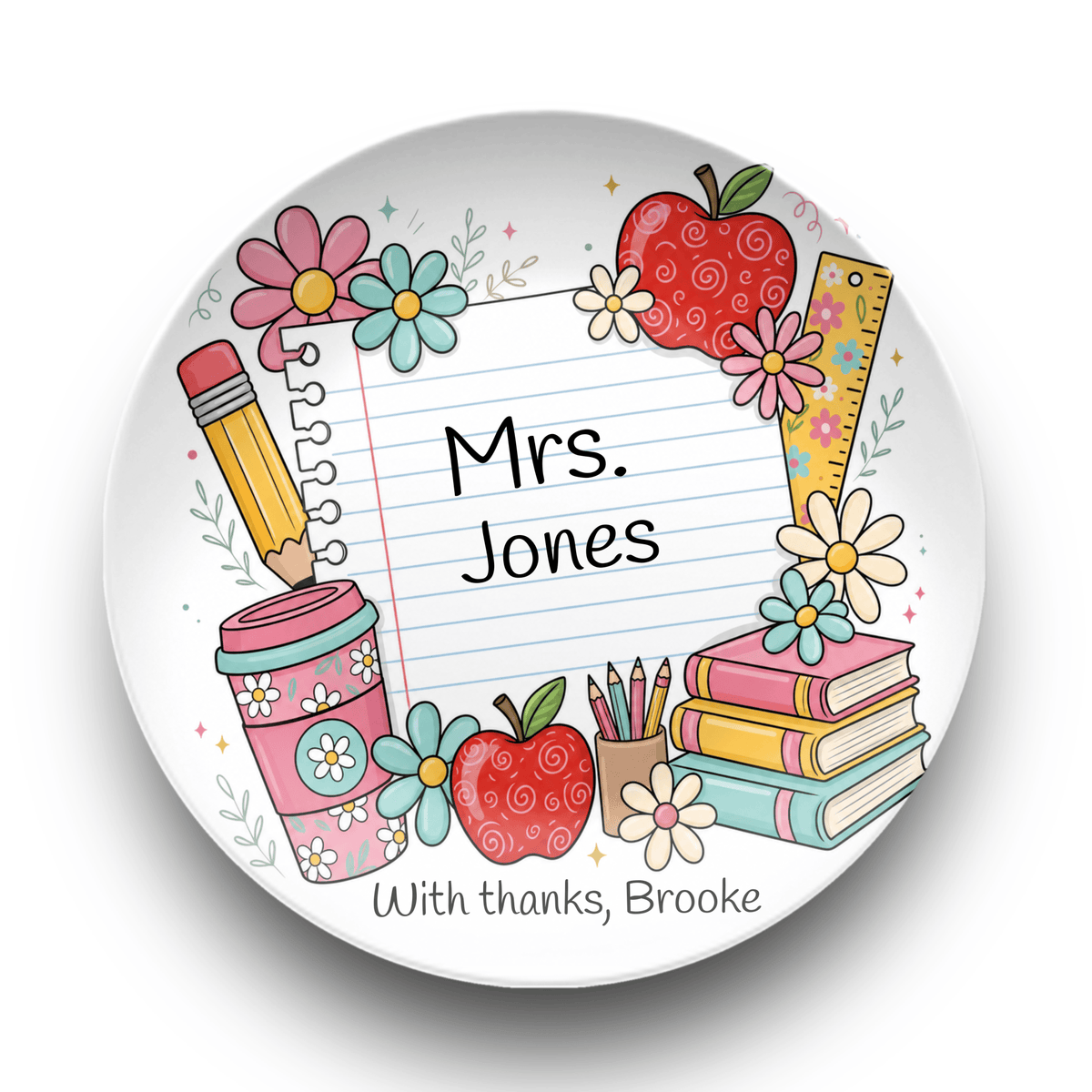 Personalized Teacher Appreciation Plate — Doodle Books & Apples Plate by Lil Plate Shop