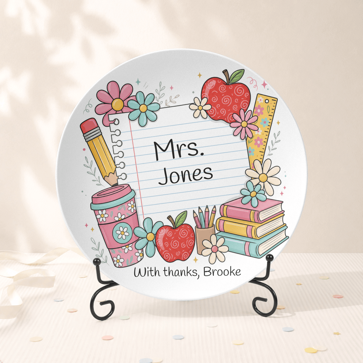 Personalized Teacher Appreciation Plate — Doodle Books & Apples Plate With Stand by Lil Plate Shop
