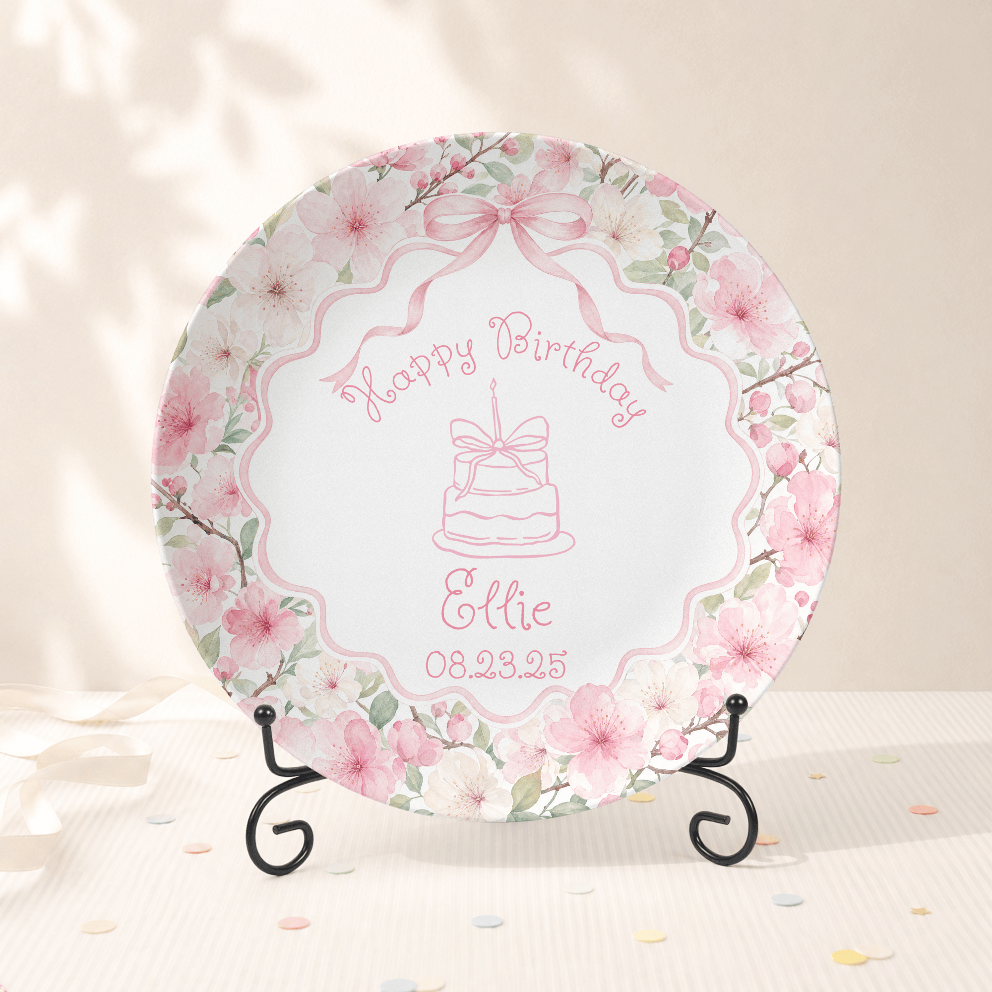 Pink Floral Birthday Cake Plate Plate With Stand by Lil Plate Shop