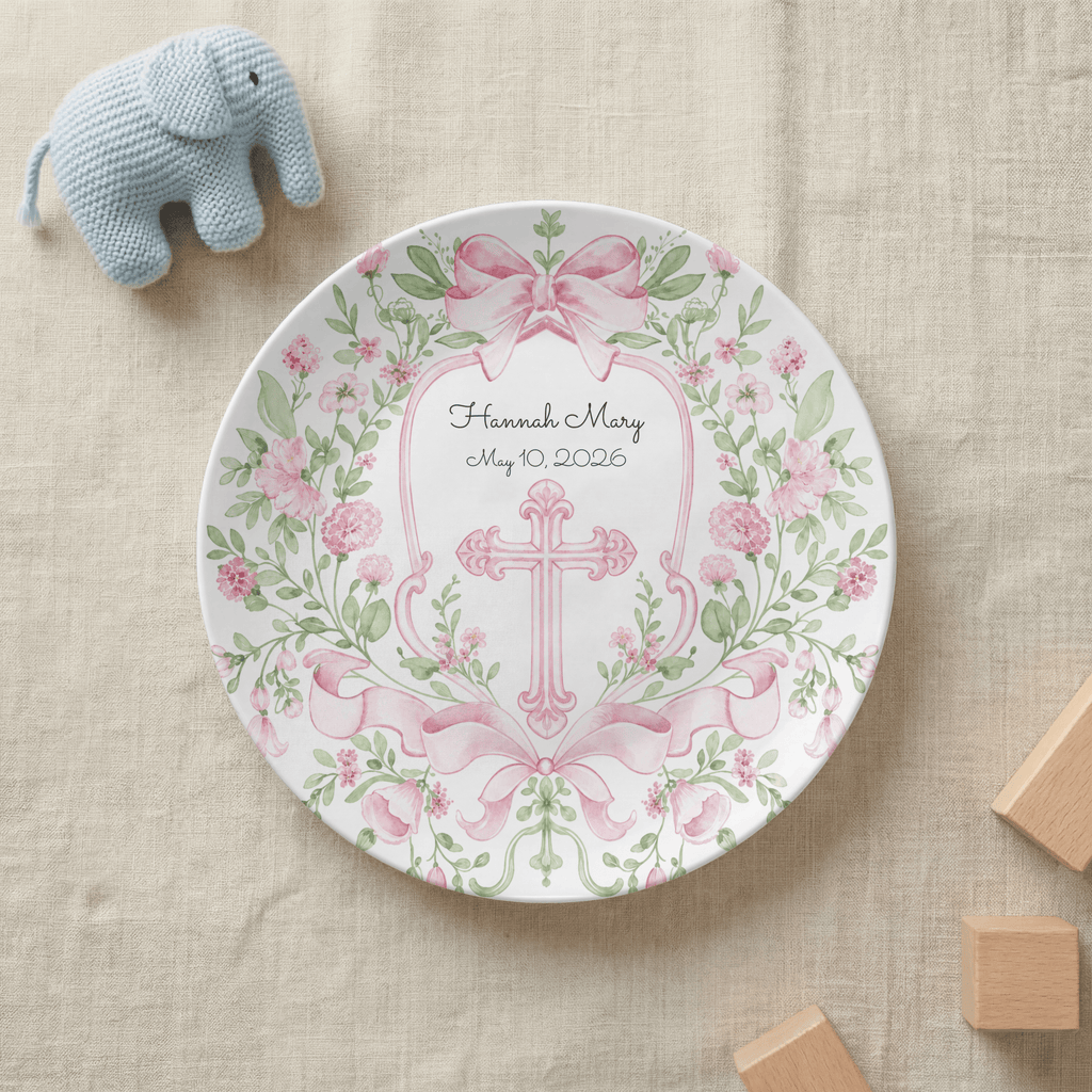 Pink Floral Cross Christening Plate by Lil Plate Shop
