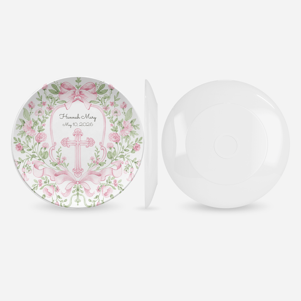 Pink Floral Cross Christening Plate by Lil Plate Shop