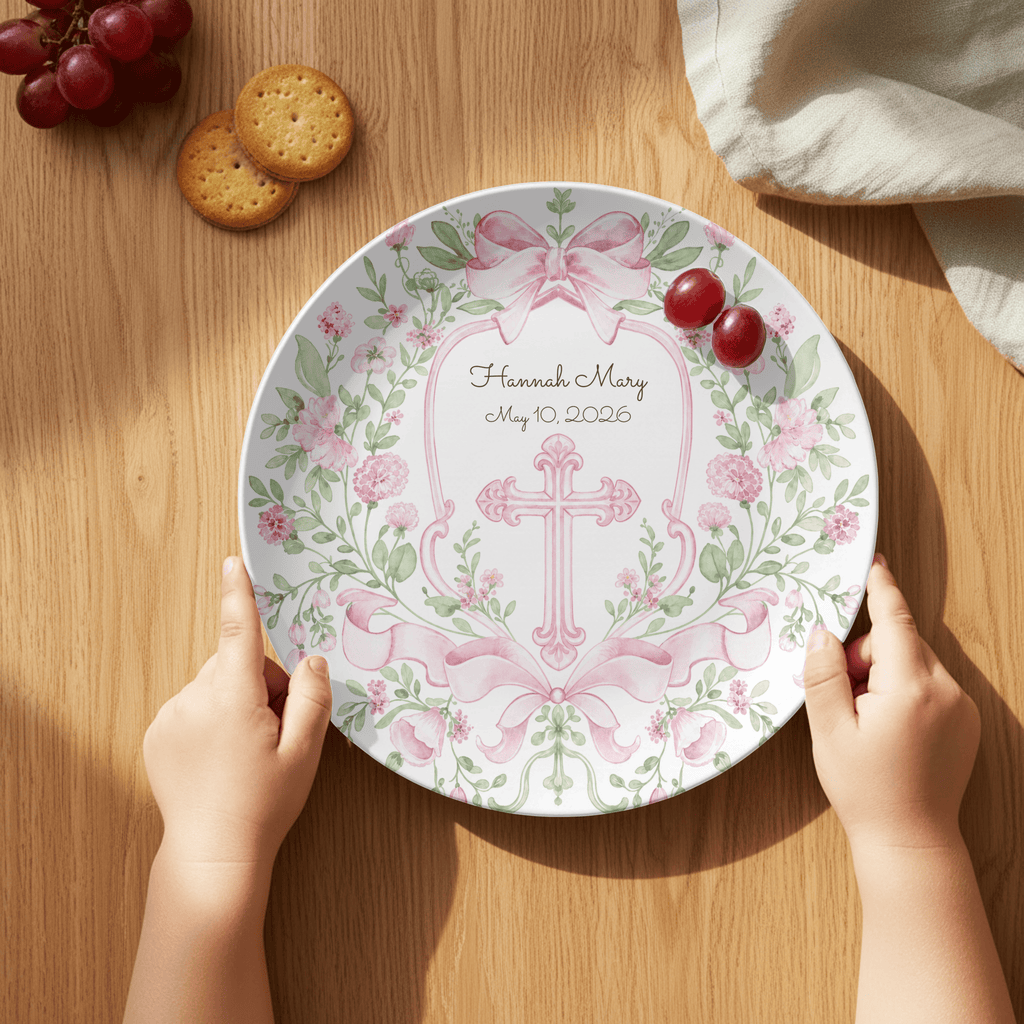 Pink Floral Cross Christening Plate by Lil Plate Shop