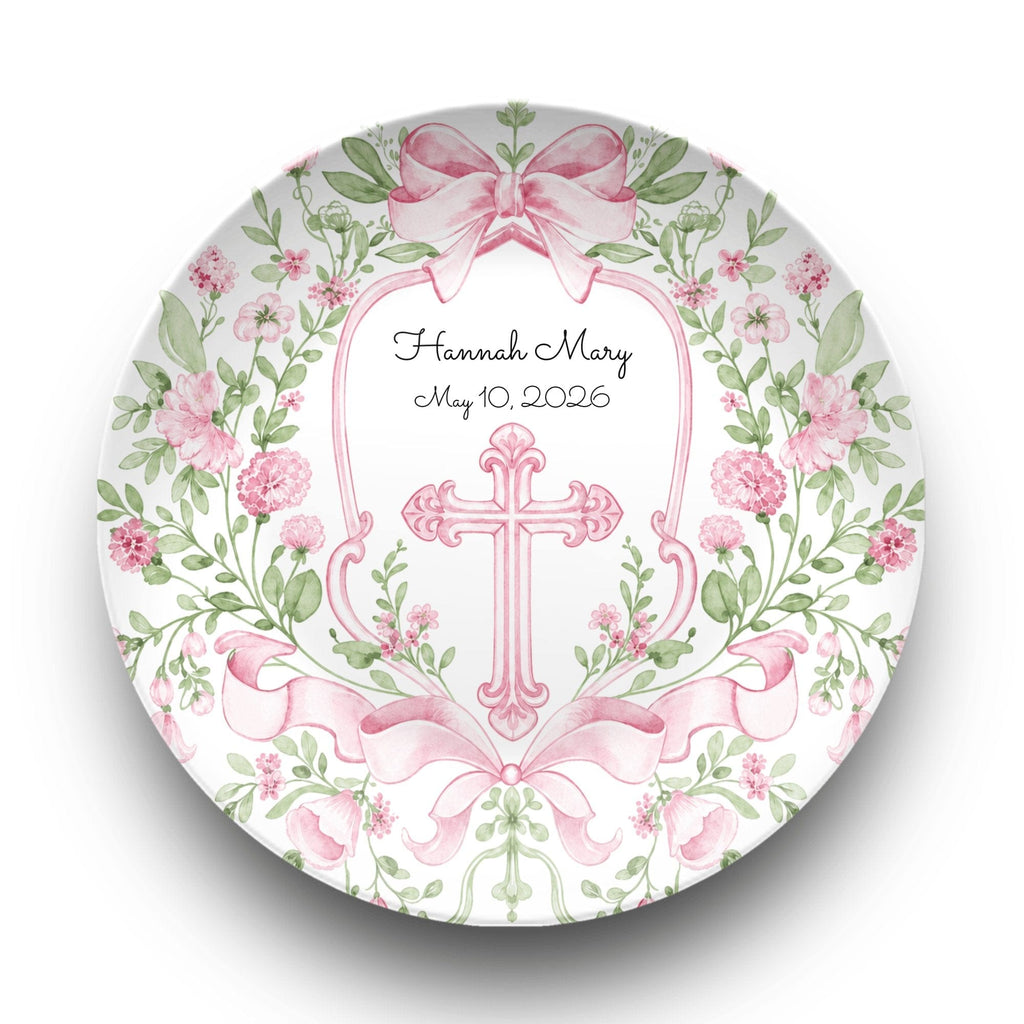 Pink Floral Cross Christening Plate by Lil Plate Shop