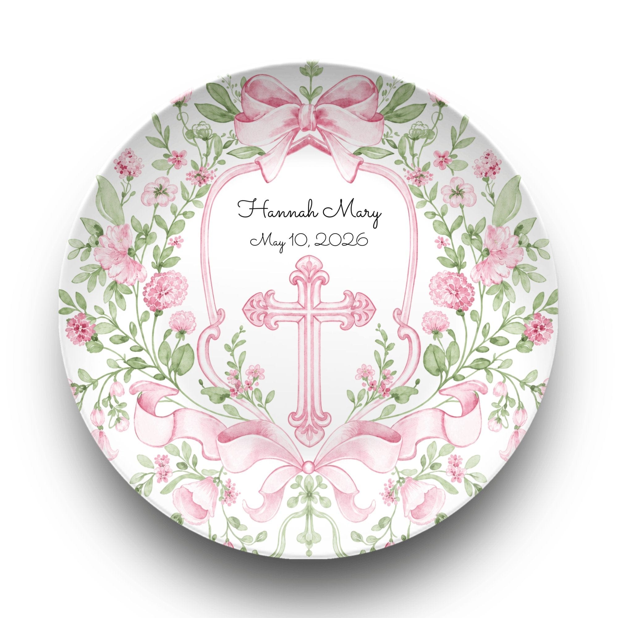 Pink Floral Cross Christening Plate by Lil Plate Shop