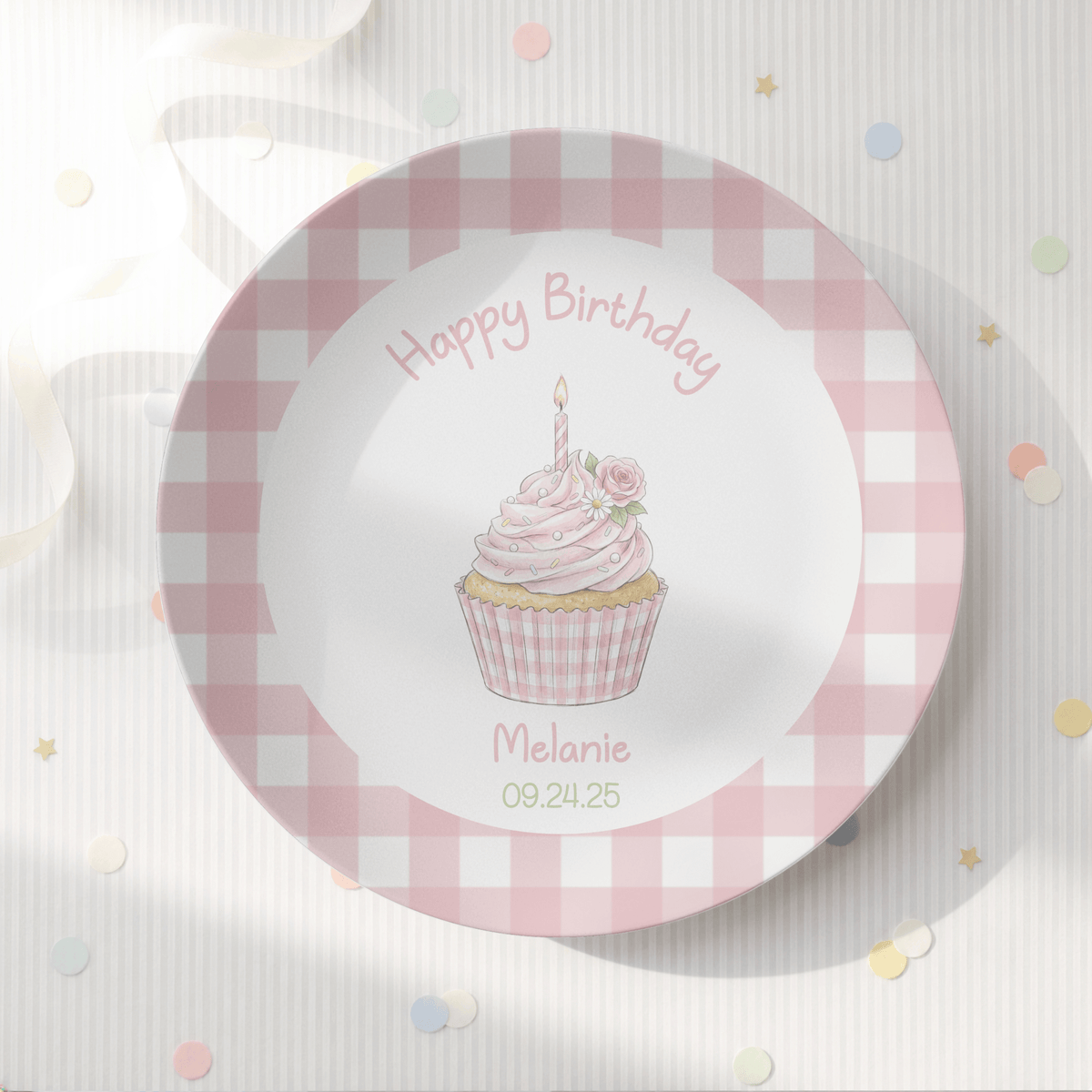 Pink Gingham Birthday Cupcake Plate by Lil Plate Shop