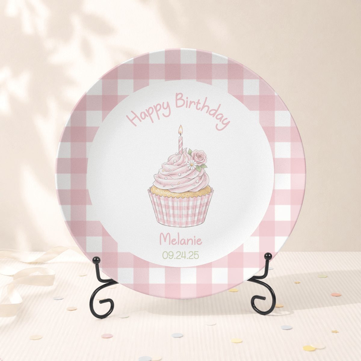 Pink Gingham Birthday Cupcake Plate Plate With Stand by Lil Plate Shop
