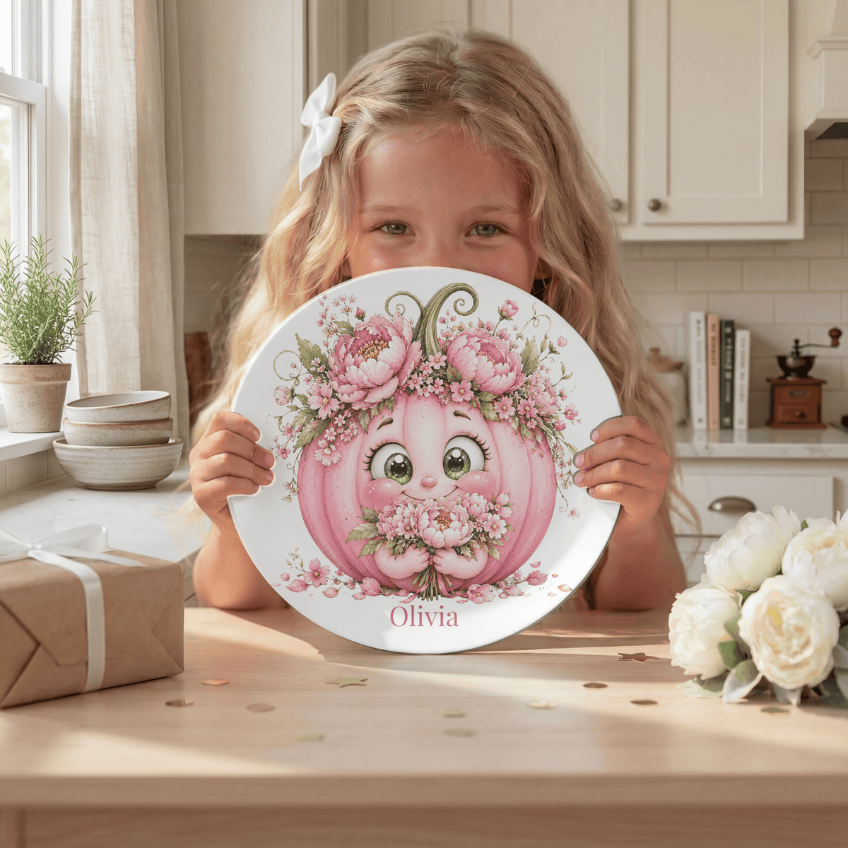 Pretty Pink Floral Pumpkin Plate by Lil Plate Shop