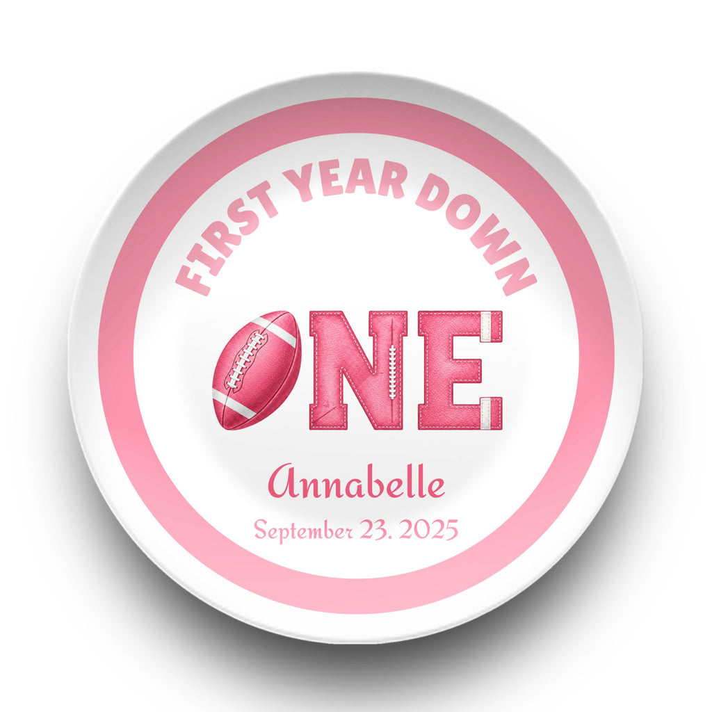 First Year Down Girl's Football Birthday Plate Plate by Lil Plate Shop