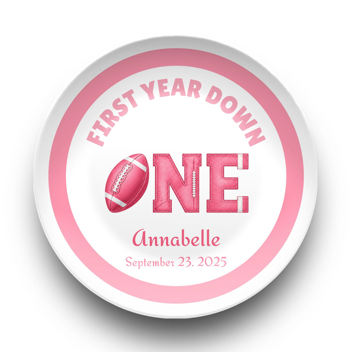 First Year Down Girl's Football Birthday Plate Plate by Lil Plate Shop