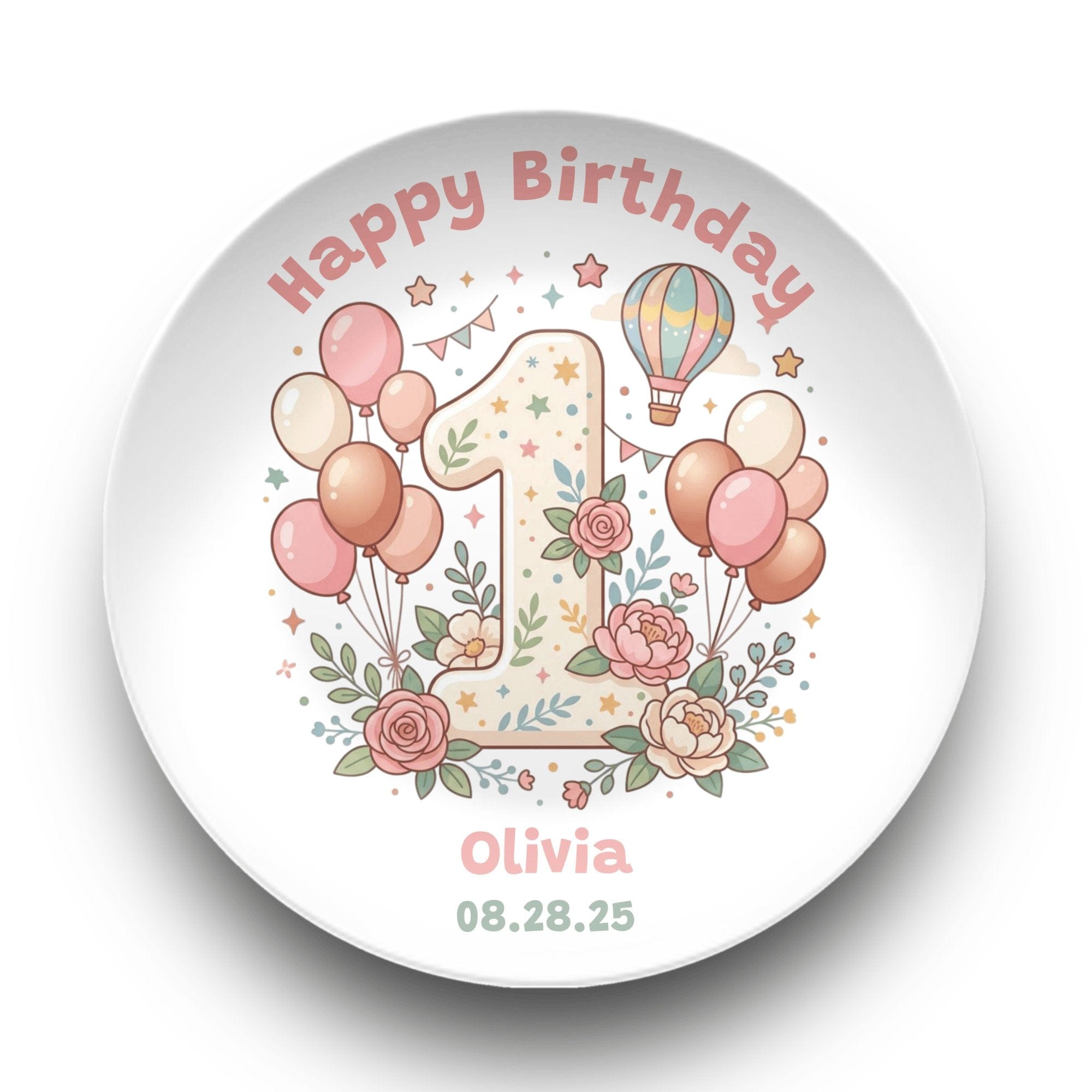 Personalized Pink 1st Birthday Balloon Plate Plate by Lil Plate Shop